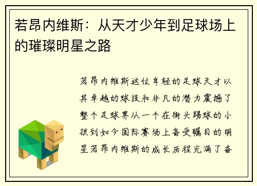 若昂内维斯：从天才少年到足球场上的璀璨明星之路